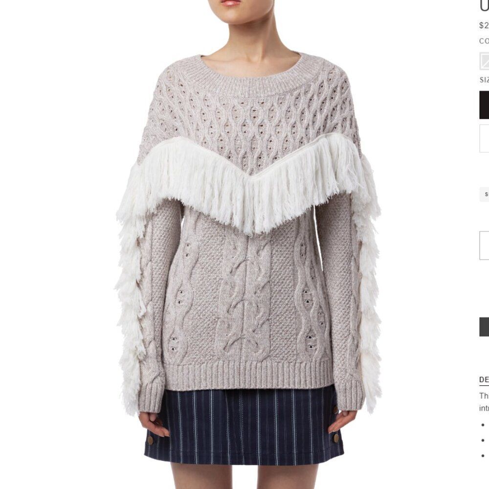 AMUR | Taupe Fringe Cable Knit Merino Wool Sweater Size Large